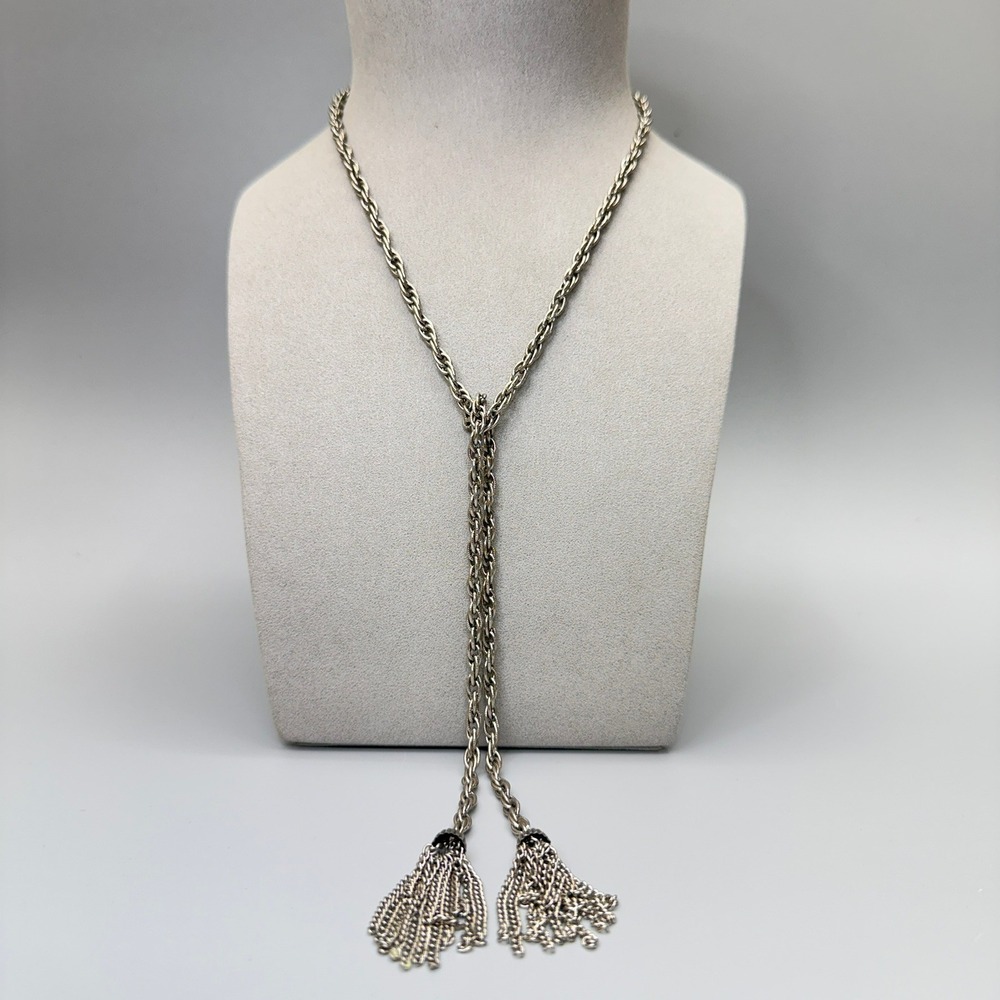 Silver Tone Tassel Lariat Necklace 32" Long Rope Chain Disco Party Chic